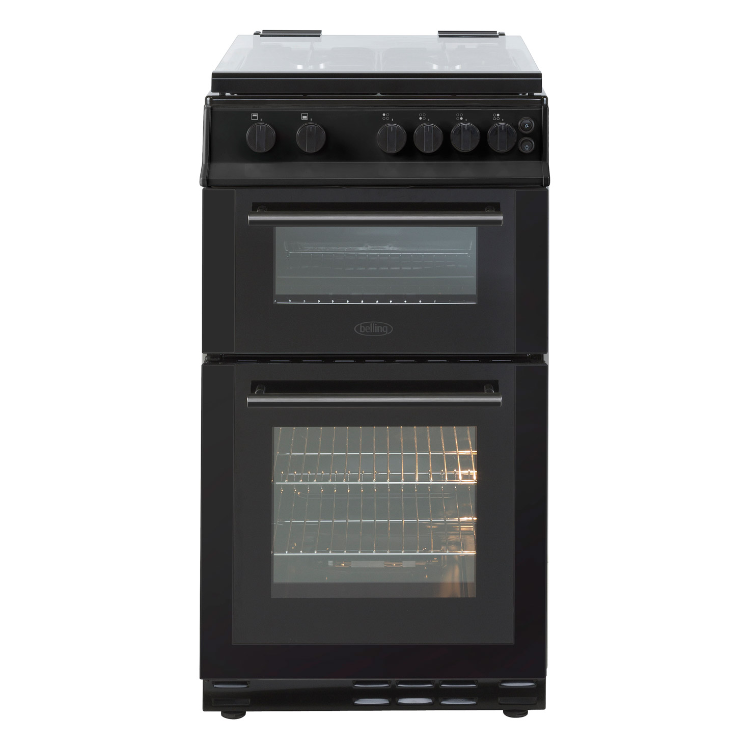 Belling 444444002 50cm Gas Cooker in Black, Double Oven Glass Lid FSD