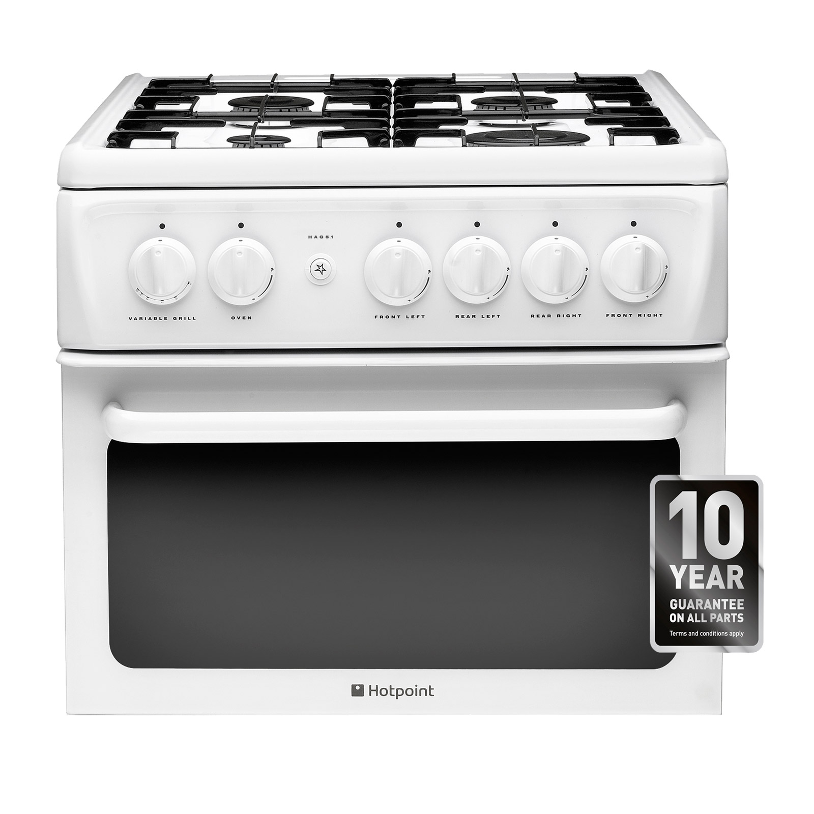 Hotpoint HAG51P 50cm Gas Cooker in Polar White, Twin Cavity FSD