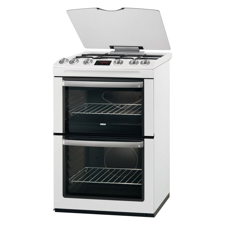 Zanussi ZCG664GWC 60cm Gas Cooker in White, Double Oven Glass Lid