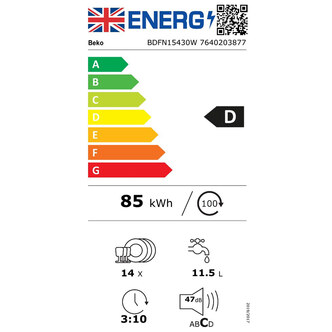 Beko BDFN15431W 60cm Dishwasher in White 14 Place Setting D Rated
