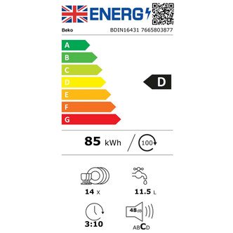 Beko BDIN16431 60cm Fully Integrated Dishwasher 14 Place D Rated