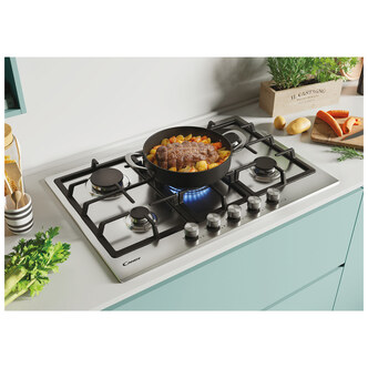 Candy CHG74WPX 75cm 5 Burner Gas Hob is St Steel Double Ring Burner