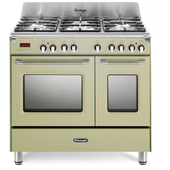 DeLonghi DVTR906DFMO Vintage 90cm Twin Cavity Dual Fuel Range Cooker Olive