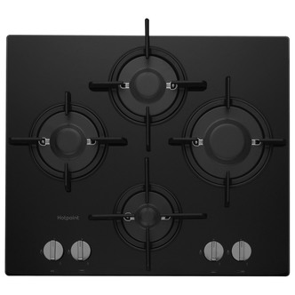 Hotpoint FTGHG641DHBK 60cm 4 Burner Gas Hob in Black Glass Cast Iron Supports