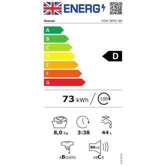 Hoover H3W58TE Washing Machine in White 1500rpm 8Kg D Rated