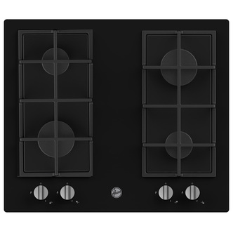 Hoover HVG6K3B 60cm 4 Burner Gas Hob in Black Glass Cast Iron Supports