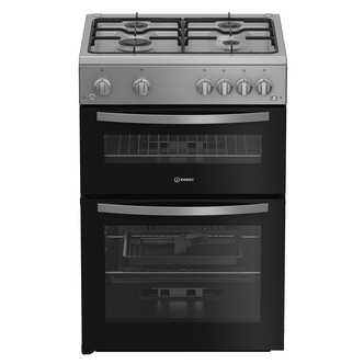Indesit IDG6GS 60cm Double Oven Gas Cooker in Silver 4 Gas Burners 72L