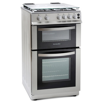 Montpellier MDG500LS 50cm Double Oven Gas Cooker in Silver Glass Lid