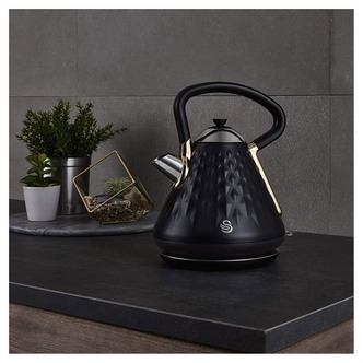 Swan Gatsby Black and Gold 1.7 Litre Pyramid Kettle, 3 KW Rapid Boil, Diamond Pattern Design, Matte Black with Gold Accents, SK14080BLKN