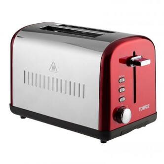 Tower T20014R 2 Slice Toaster in Red & St/Steel Variable Browning