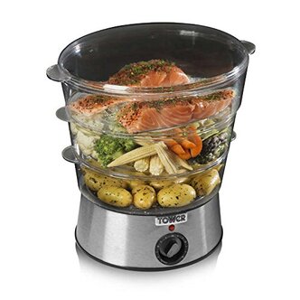 Tower T21001 5.5 Litre 3-Tier Electric Food Steamer in St/Steel