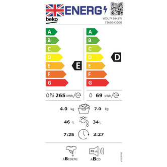 Beko WDL742441W Washer Dryer in White 1200rpm 7kg 4kg E Rated