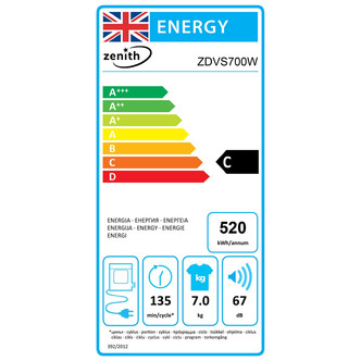 Zenith ZDVS700W 7kg Vented Dryer in White C Rated Sensor Delay