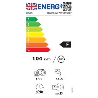 Zenith ZDW600W 60cm Dishwasher in White 13 Place Setting F Rated