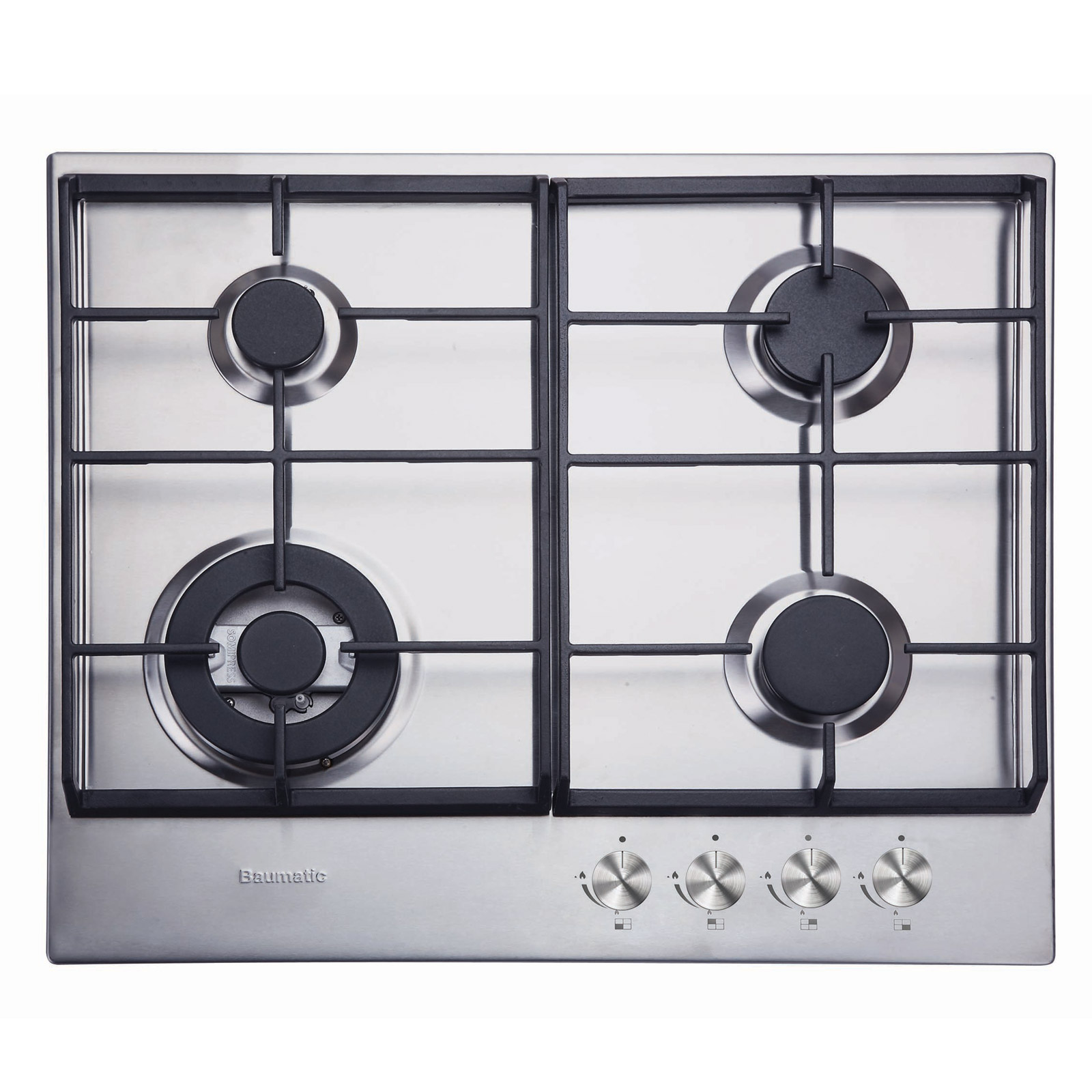 Baumatic BHG625SS 60cm 4 Burner Gas Hob St Steel Cast Iron Supports