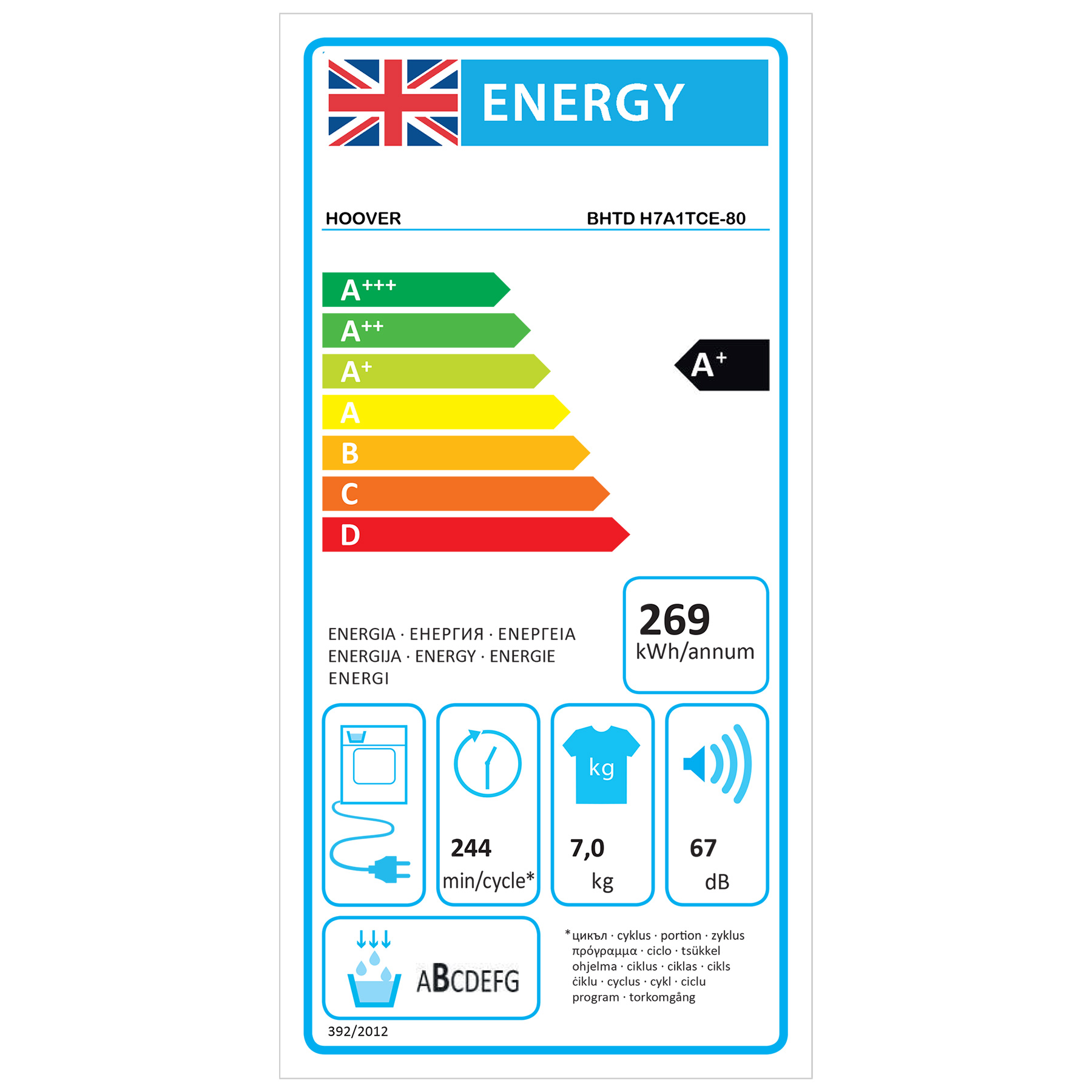 Hoover BHTD H7A1TCE-80 tumble dryer Built-in Front-load 7 kg White