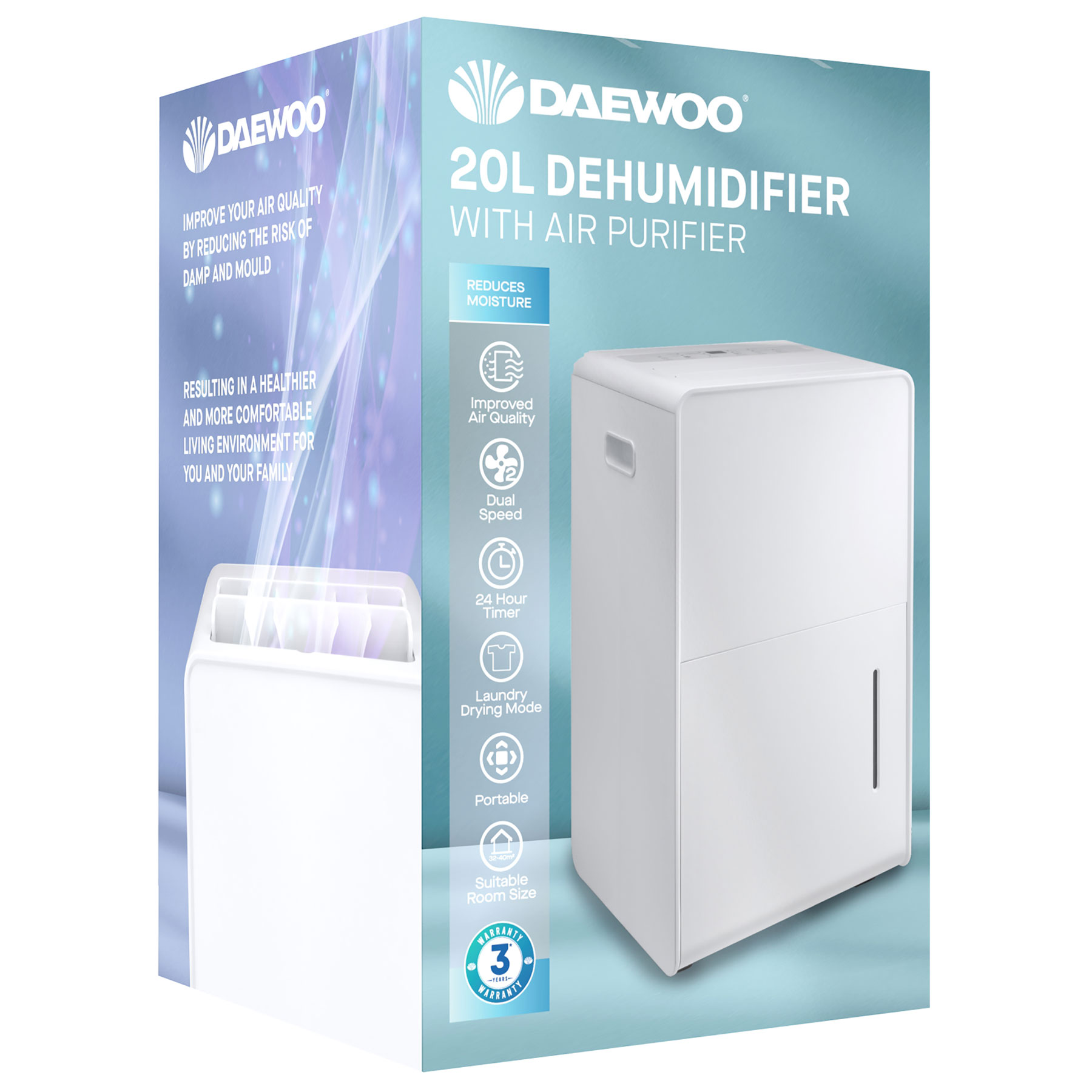 Daewoo COL1613GE 20L Dehumidifier in White 24hr Timer Air Purifier, photo 4