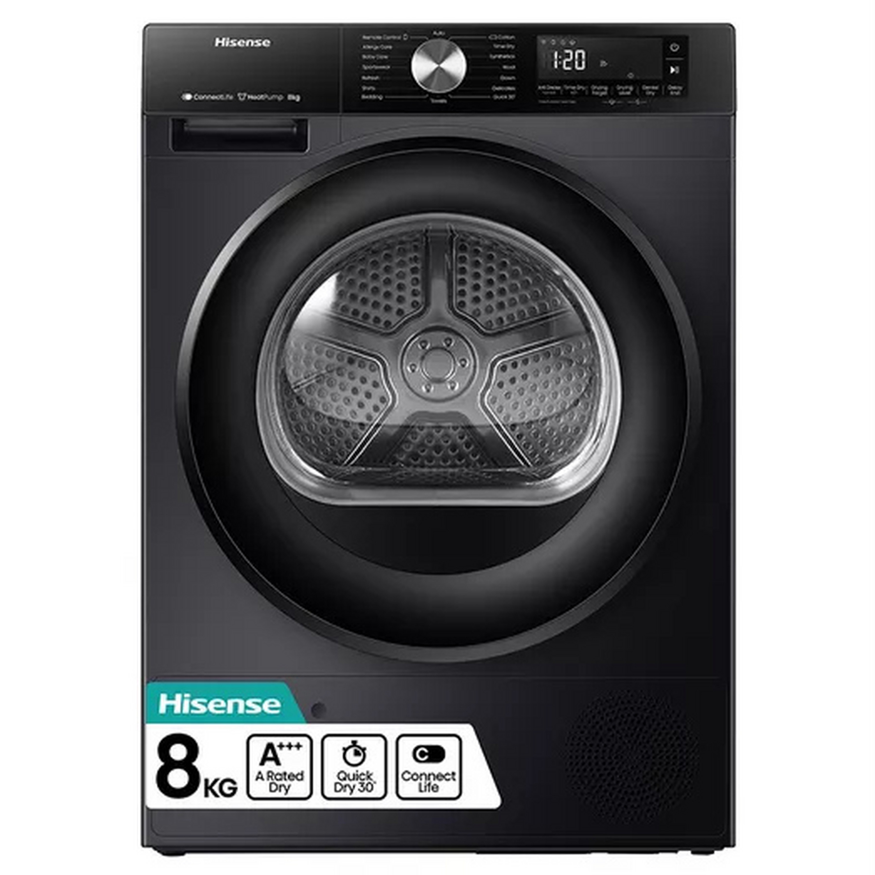 Hisense DH3S802BB3 8kg Heat Pump Condenser Dryer in Black A Rated Conn