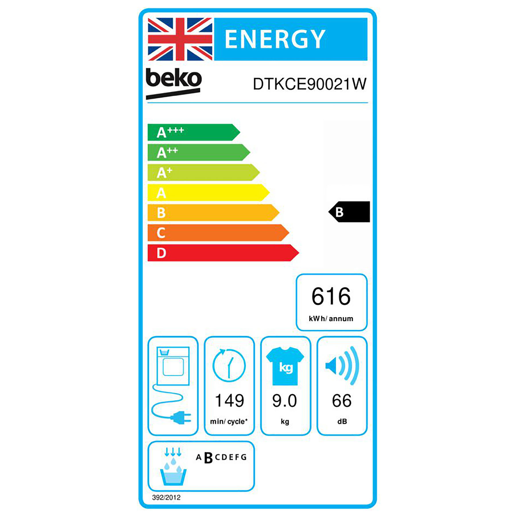 Beko DTKCE90021W 9kg Condenser Dryer in White B Rated with Sensor Dryi, photo 3