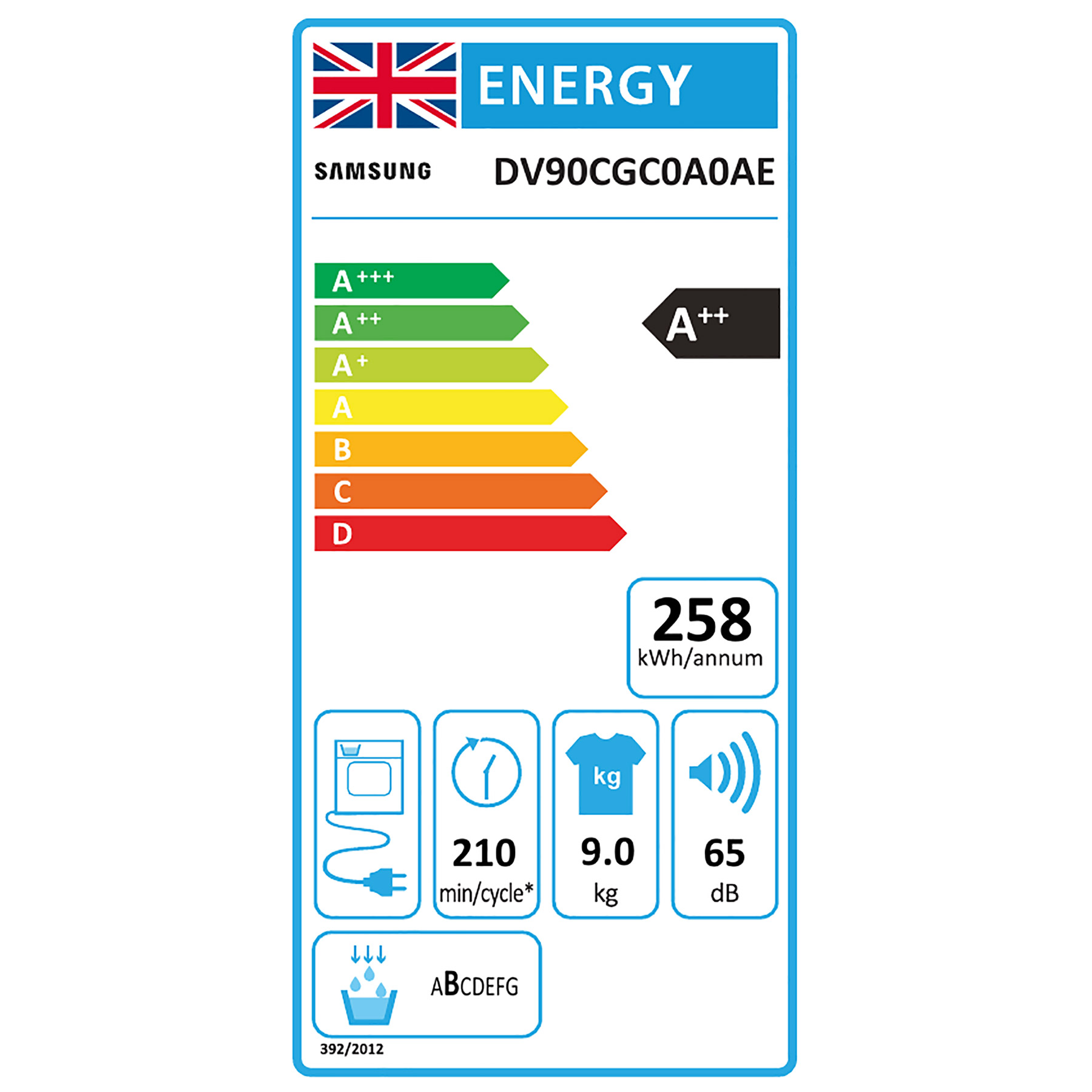 Samsung DV90CGC0A0AE 9kg Heat Pump Condenser Dryer in White A Rated, photo 2
