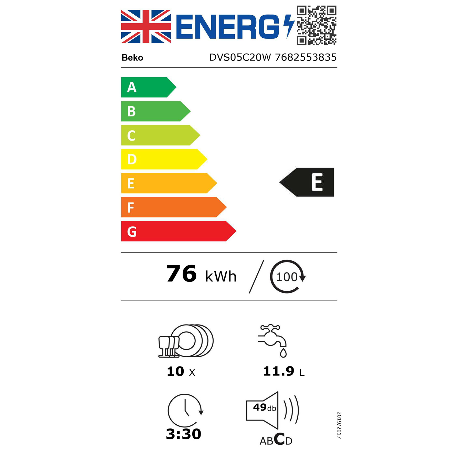 Beko DVS05C20W 45cm Slimline Dishwasher White 10 Place Setting E Rated, photo 4