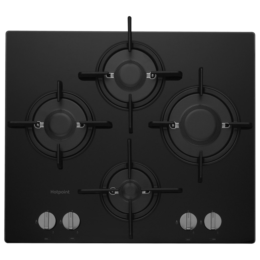 Image of Hotpoint FTGHG641DHBK 60cm 4 Burner Gas Hob in Black Glass Cast Iron S