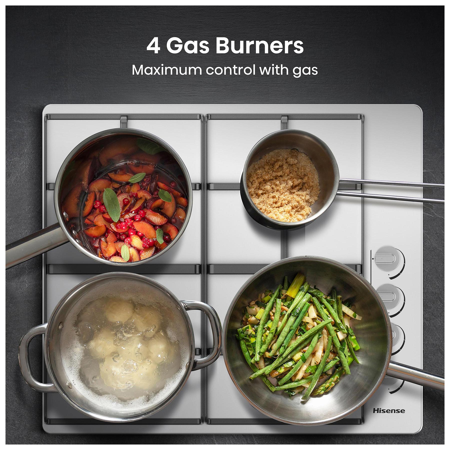 Hisense GM642XHS 60cm 4 Burner Gas Hob in Stainless Steel Wok Burner, photo 3