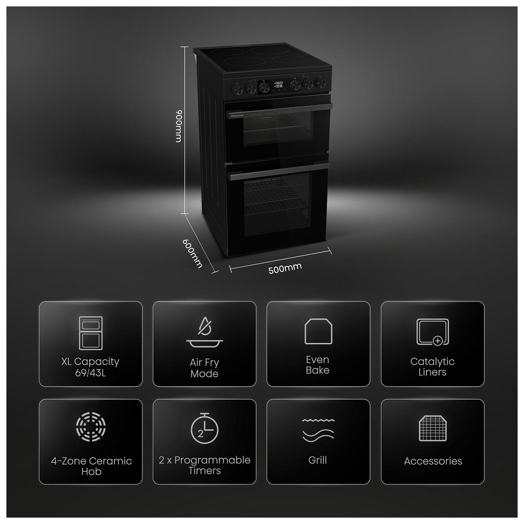 Hisense HDCEC5C10B 50cm Double Oven Electric Cooker in Black Ceramic H, photo 2