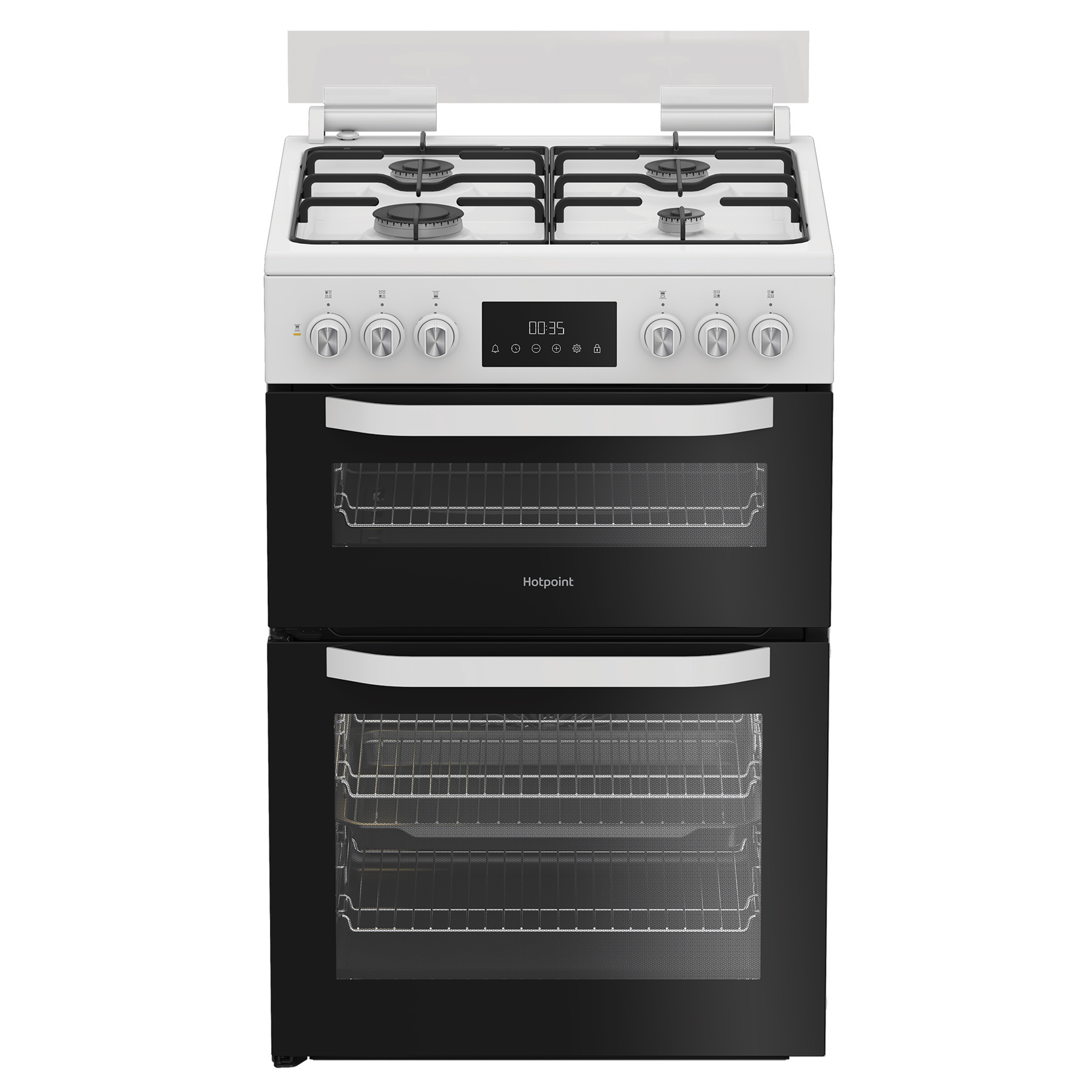 Hotpoint HDD6GDC2W 60cm Double Oven Dual Fuel Cooker with Glass Lid in