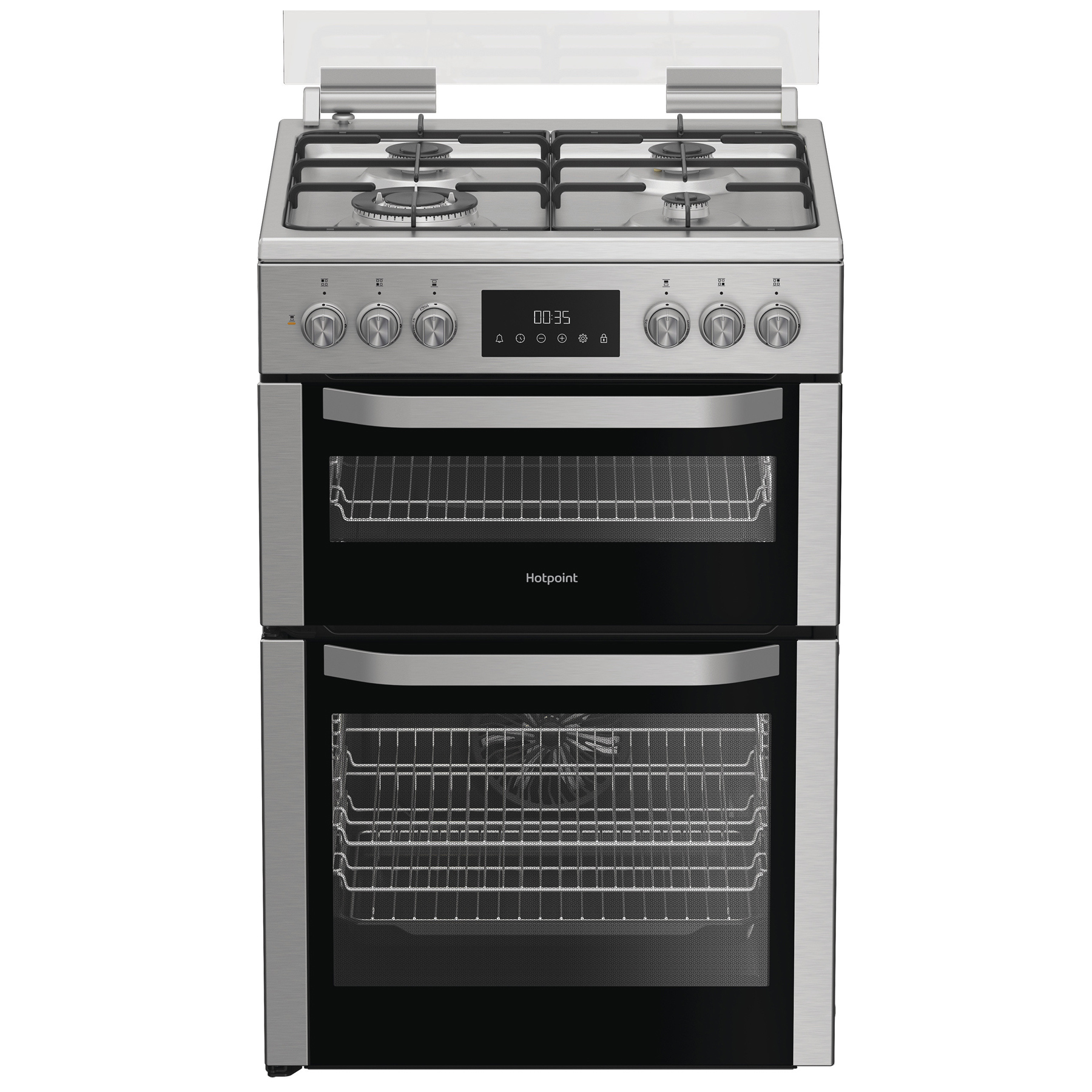 Hotpoint HDD6GDC2WX 60cm Double Oven Dual Fuel Cooker with Glass Lid i