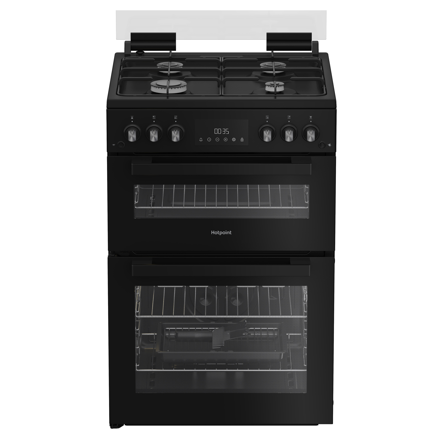 Hotpoint HDG6GDCB 60cm Double Oven Gas Cooker with Glass Lid in Black