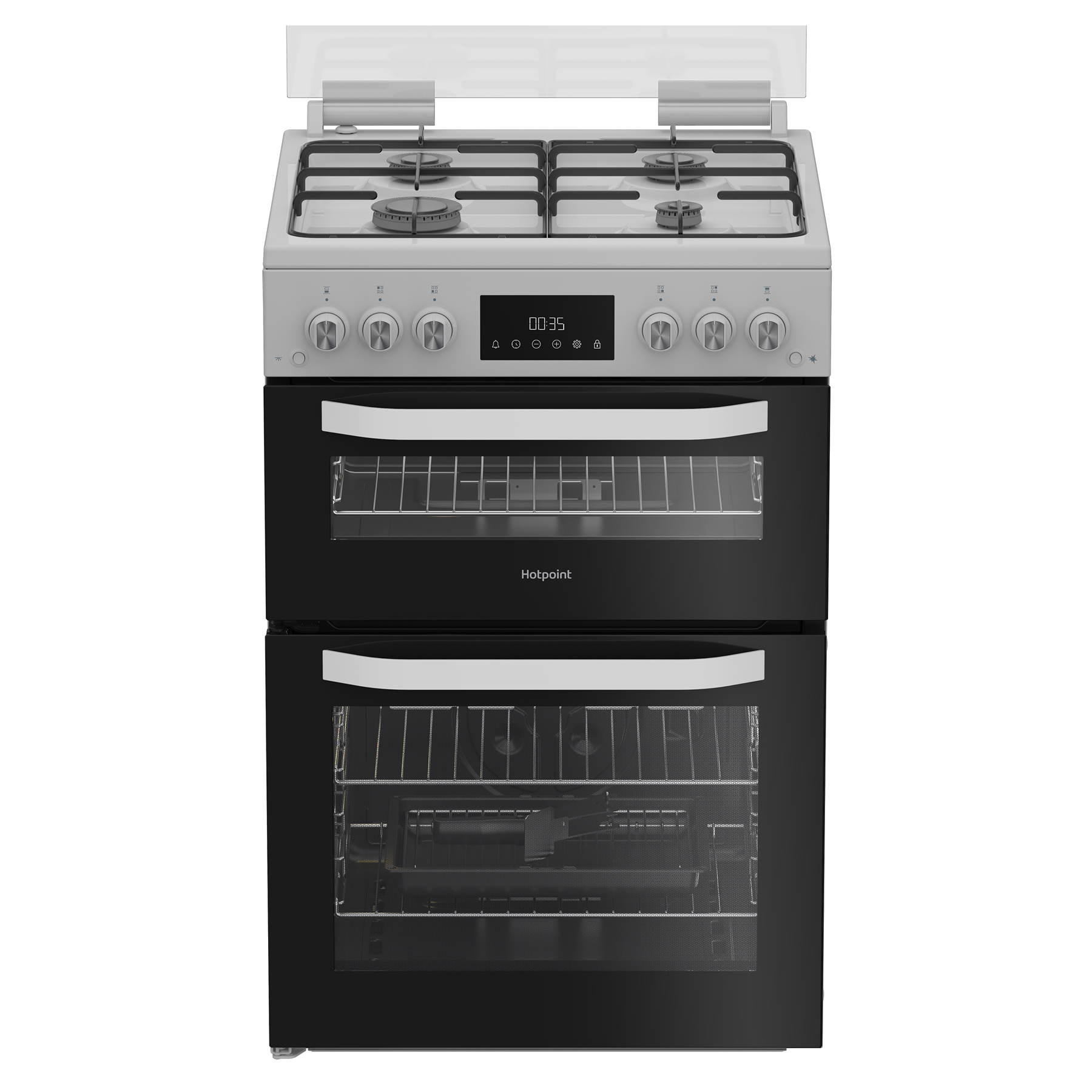 Hotpoint HDG6GDCW 60cm Double Oven Gas Cooker with Glass Lid in White