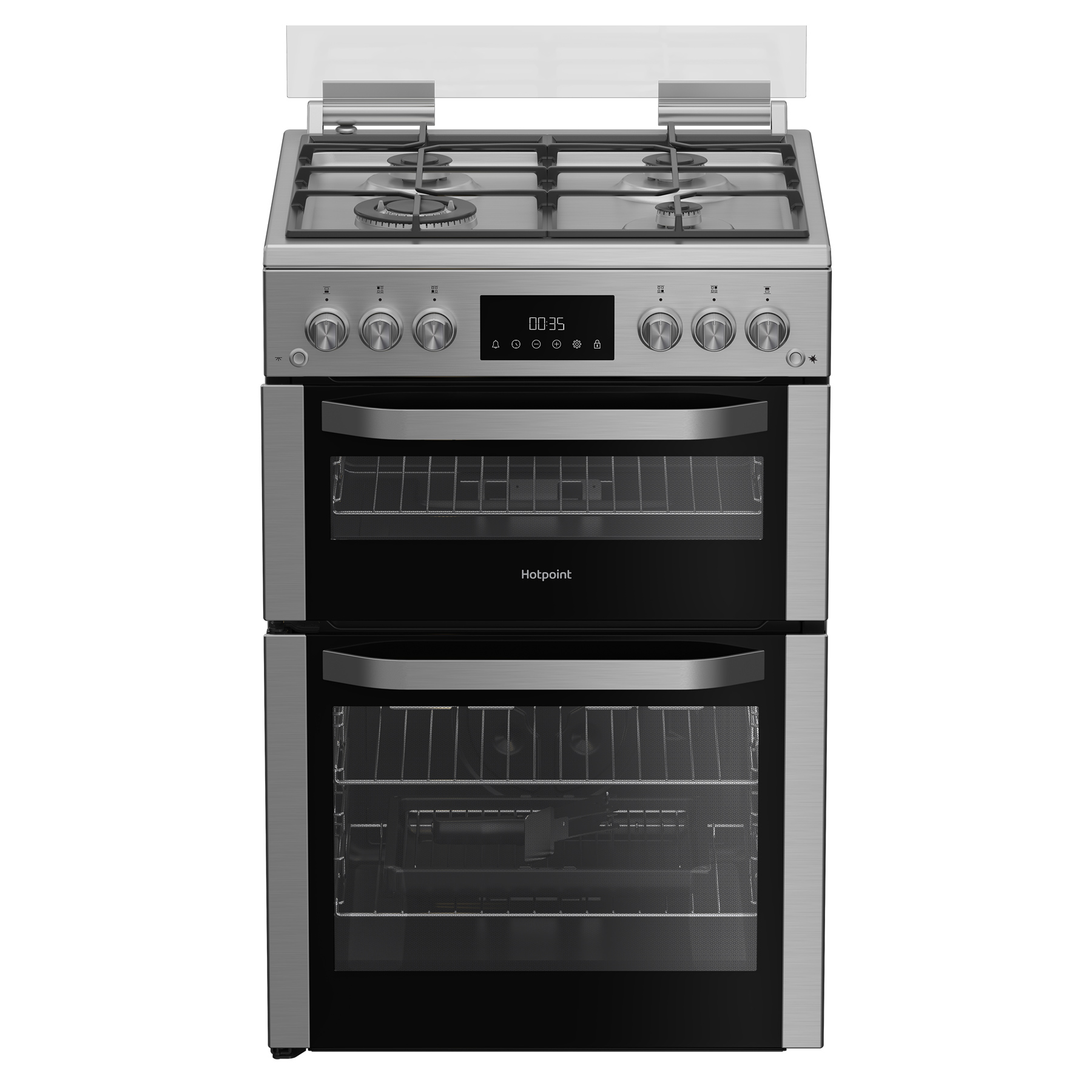 Hotpoint HDG6GDCWX 60cm Double Oven Gas Cooker with Glass Lid in Stain