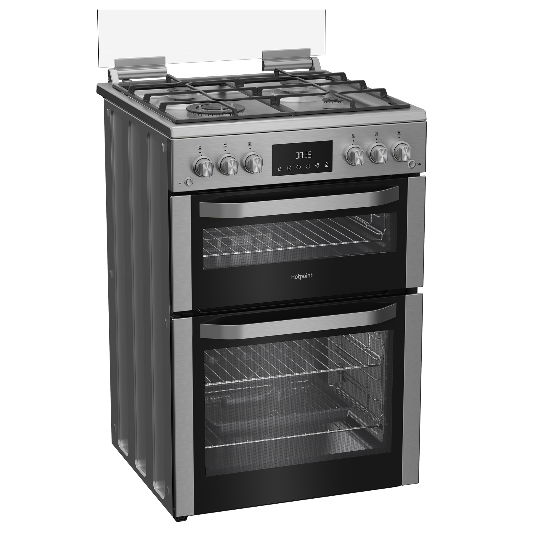 Hotpoint HDG6GDCWX 60cm Double Oven Gas Cooker with Glass Lid in Stain, photo 2