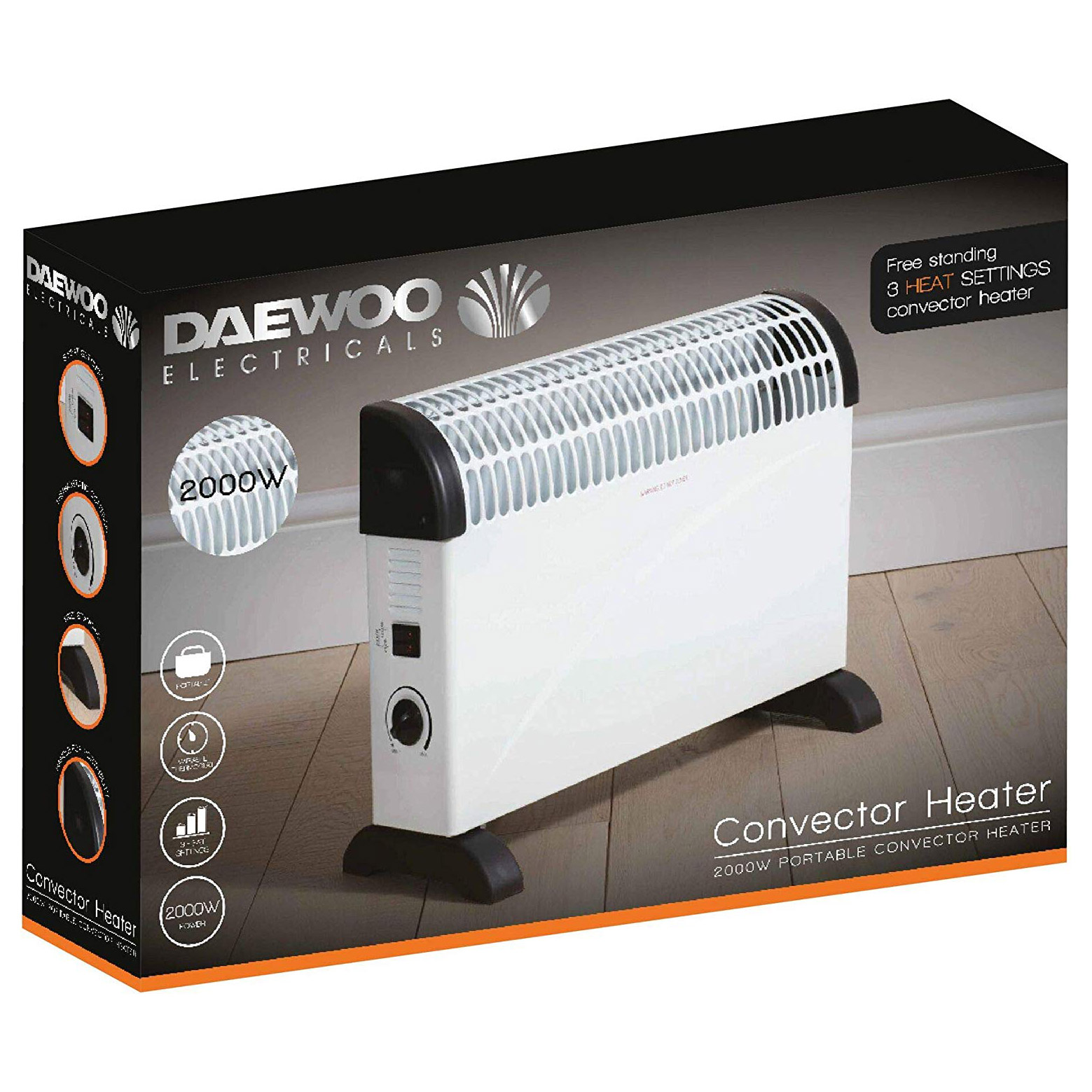 Daewoo HEA1146GE 2000W Convector Heater in White 3 Heat Settings, photo 3