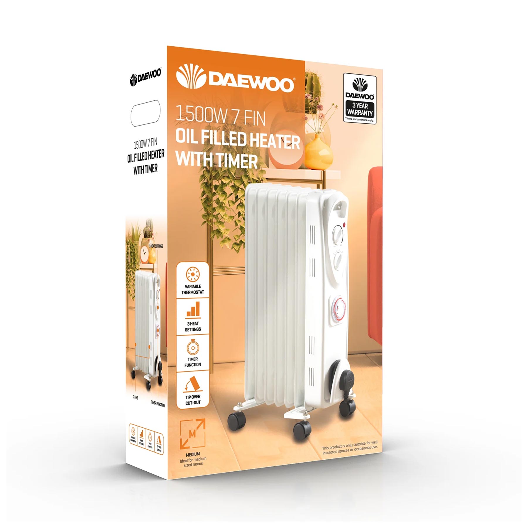Daewoo HEA1894GE 1500W Oil Filled Radiator with 24 Hour Timer, photo 5