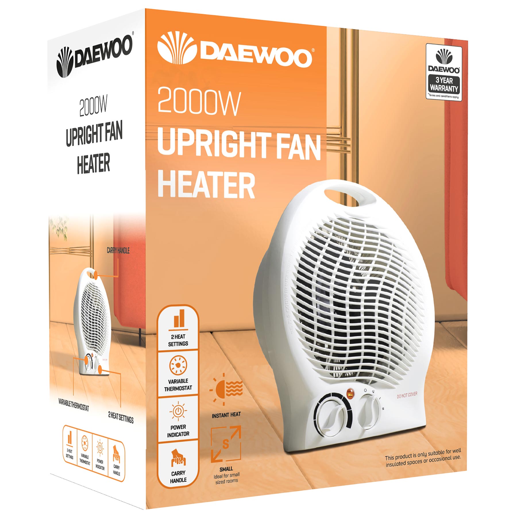 Daewoo HEA1926GE 2000W Upright Fan Heater with Thermostat, photo 5