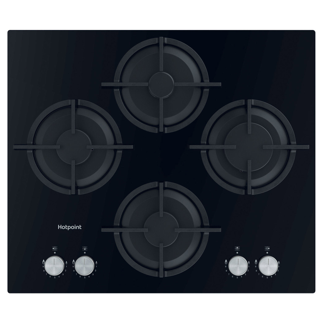 Image of Hotpoint HGS61SBK 60cm 4 Burner Gas Hob on Black Glass Wok Burner