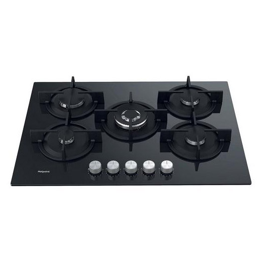 Image of Hotpoint HGS72SBK 75cm 5 Burner Gas Hob on Black Glass Wok Burner