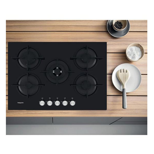 Hotpoint HGS72SBK 75cm 5 Burner Gas Hob on Black Glass Wok Burner, photo 3