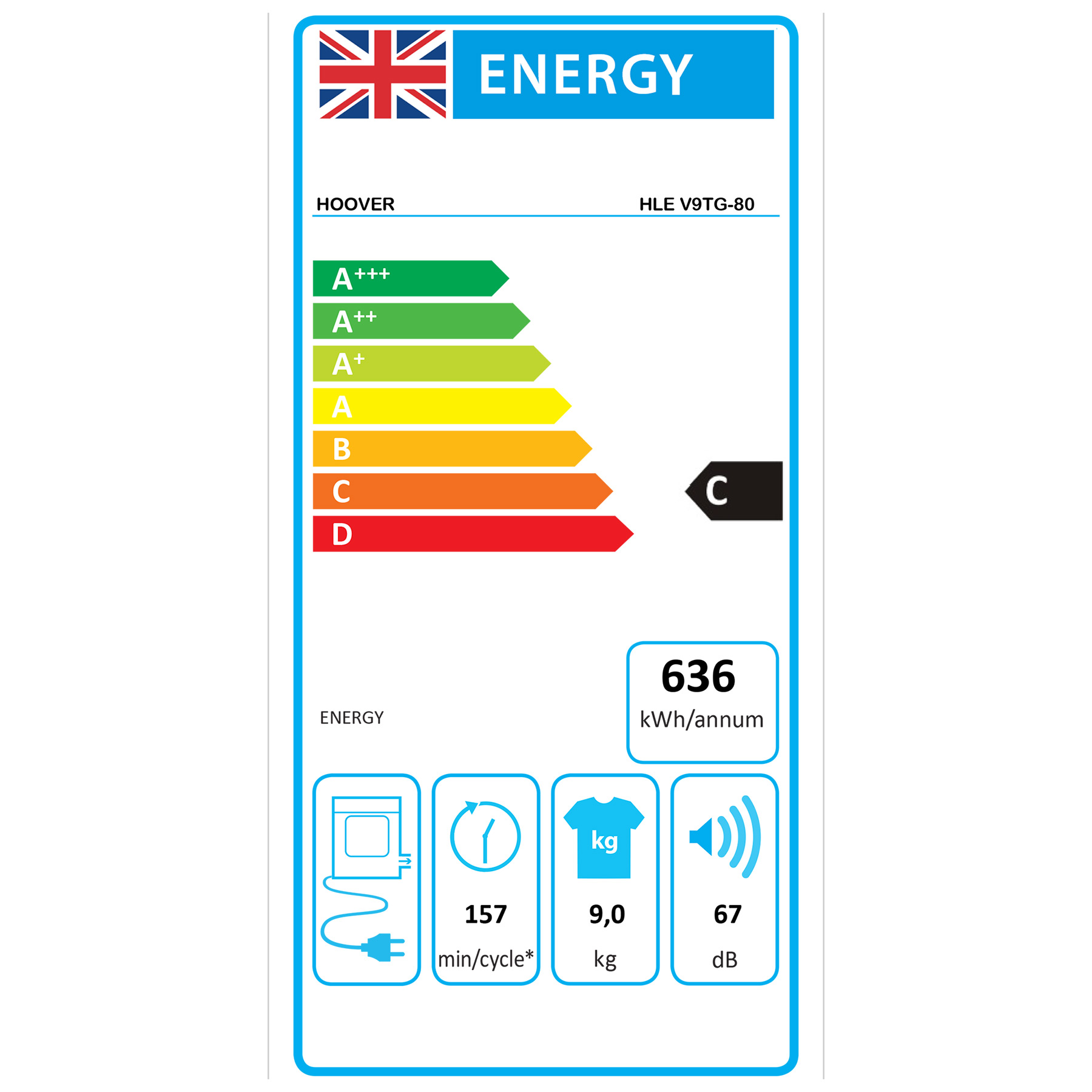 Hoover HLEV9TG 9kg Vented Dryer in White C Rated Sensor Wi Fi, photo 5