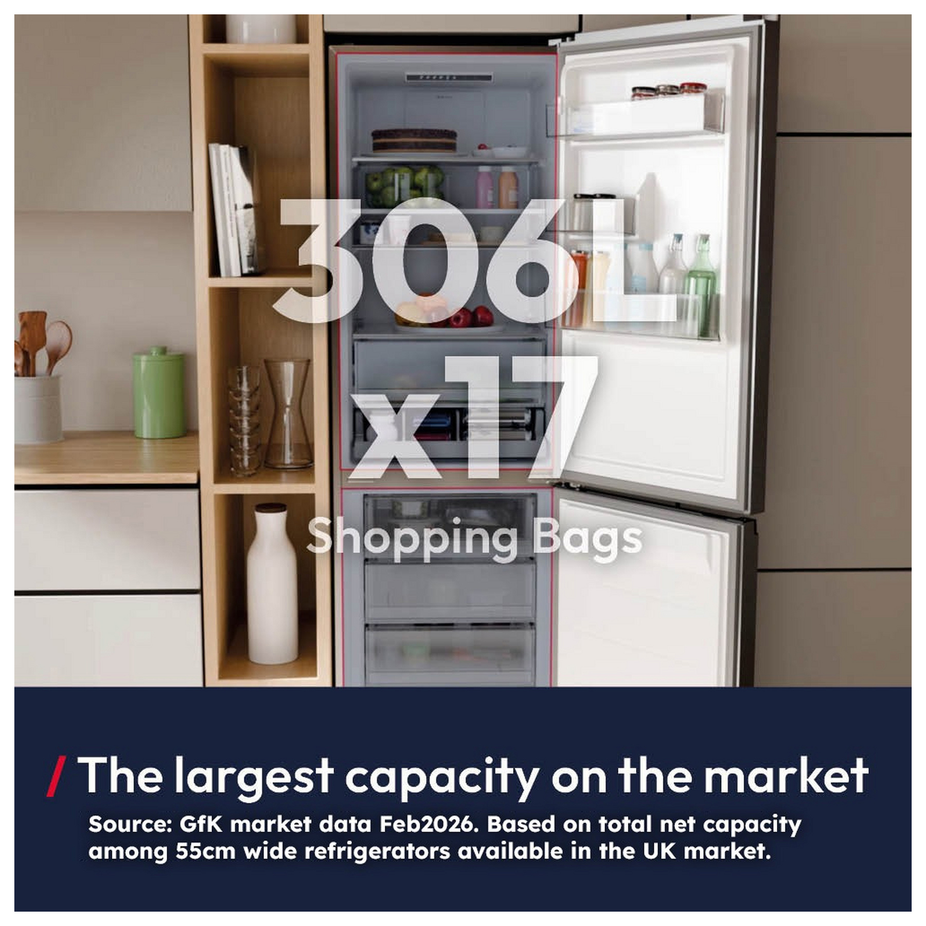Hoover H-Combi 300 HONCQ3T518ENTK 185cm 50/50 Freestanding Total No Frost Fridge Freezer Black, photo 4
