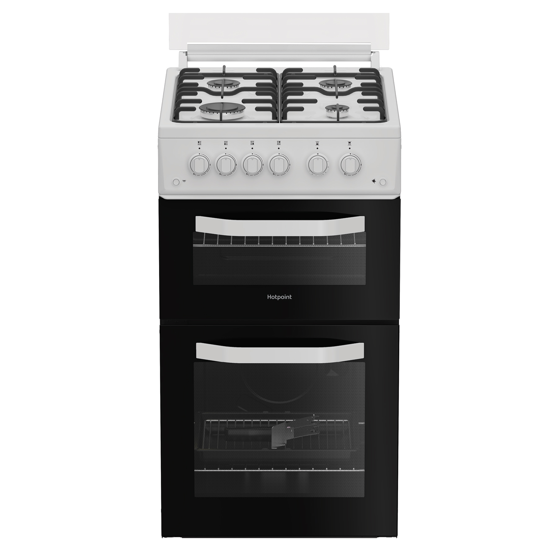 Hotpoint HTG5GCWL 50cm Twin Cavity Gas Cooker with Glass Lid in White