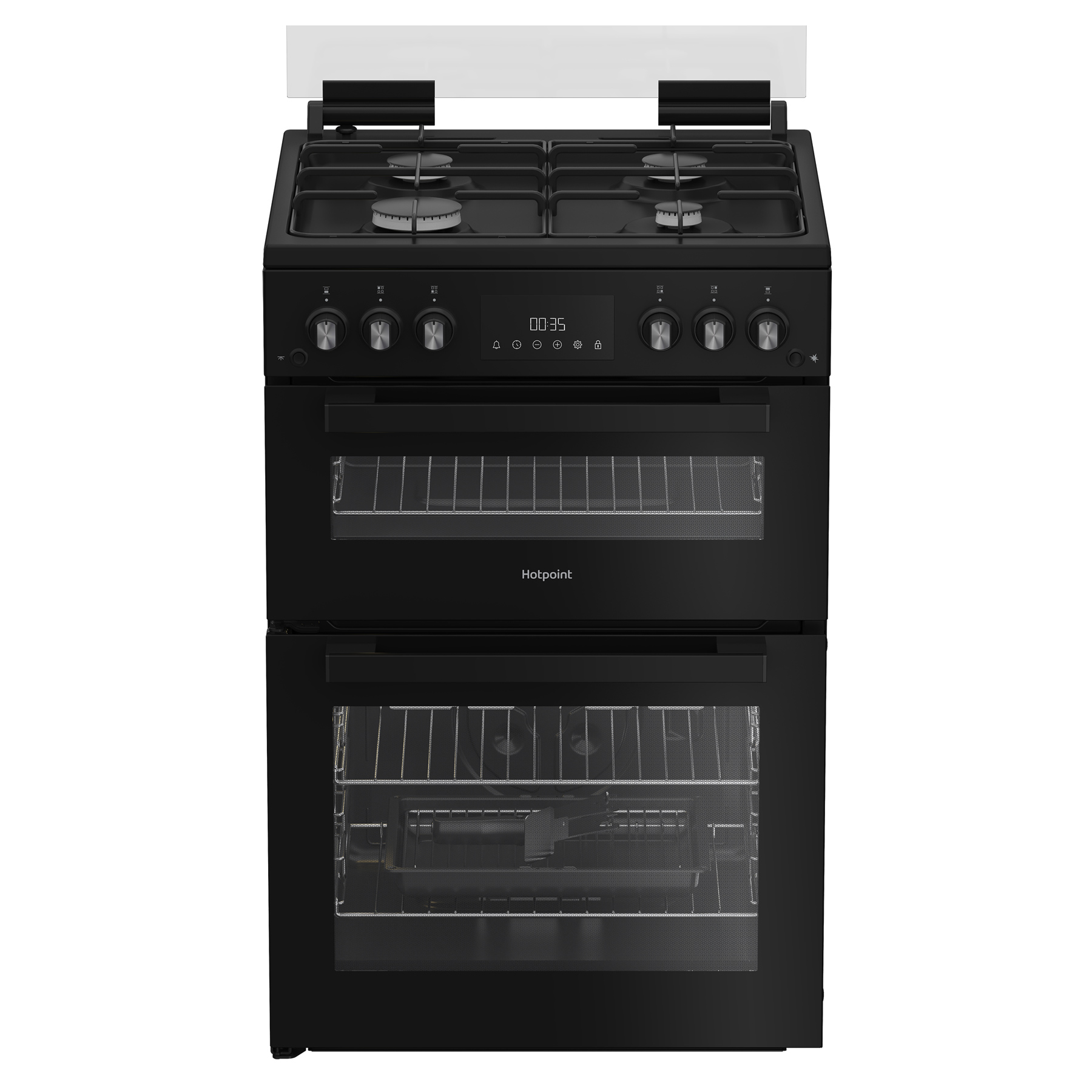 Hotpoint HTG6GDCB 60cm Twin Cavity Gas Cooker with Glass Lid in Black