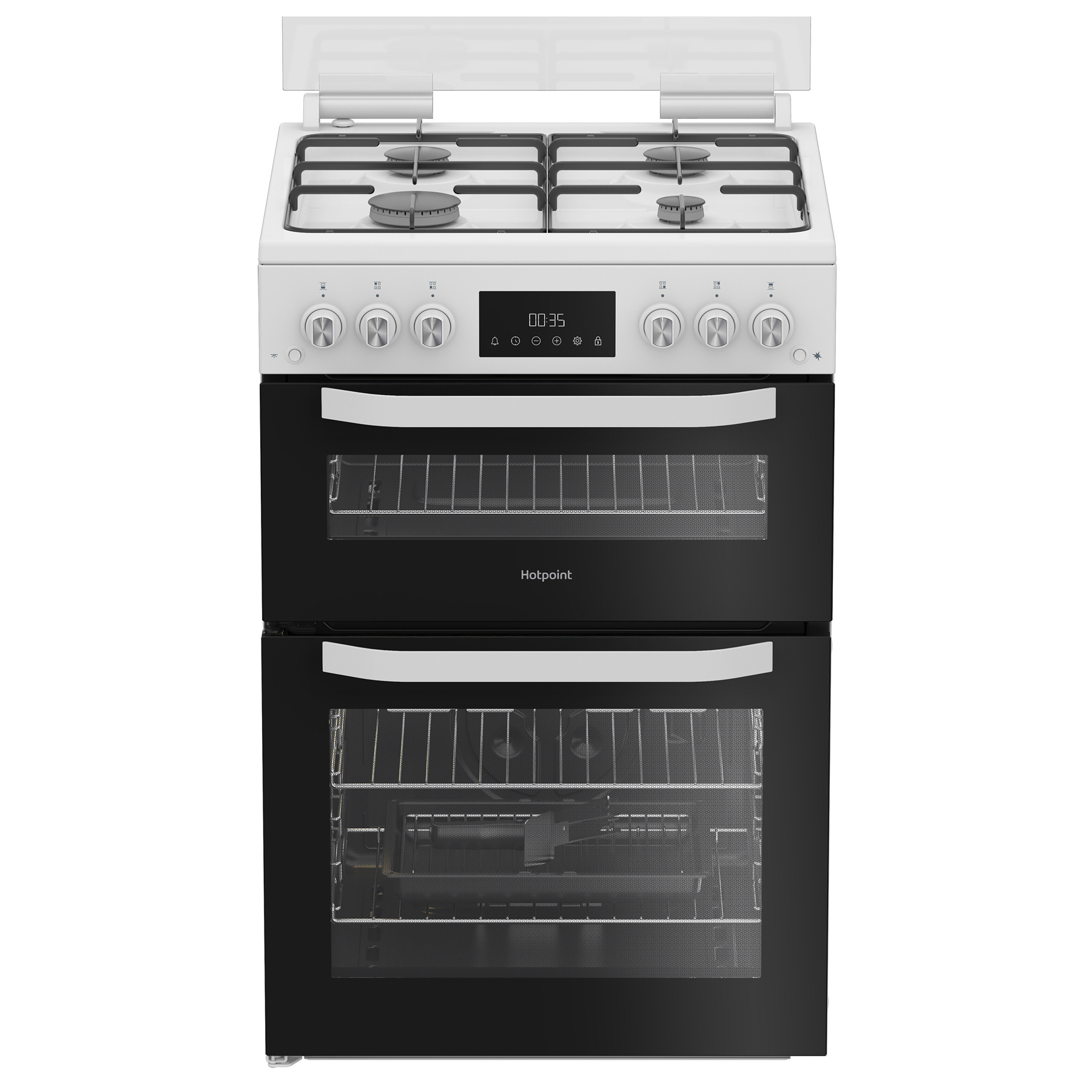 Hotpoint HTG6GDCW 60cm Twin Cavity Gas Cooker with Glass Lid in White