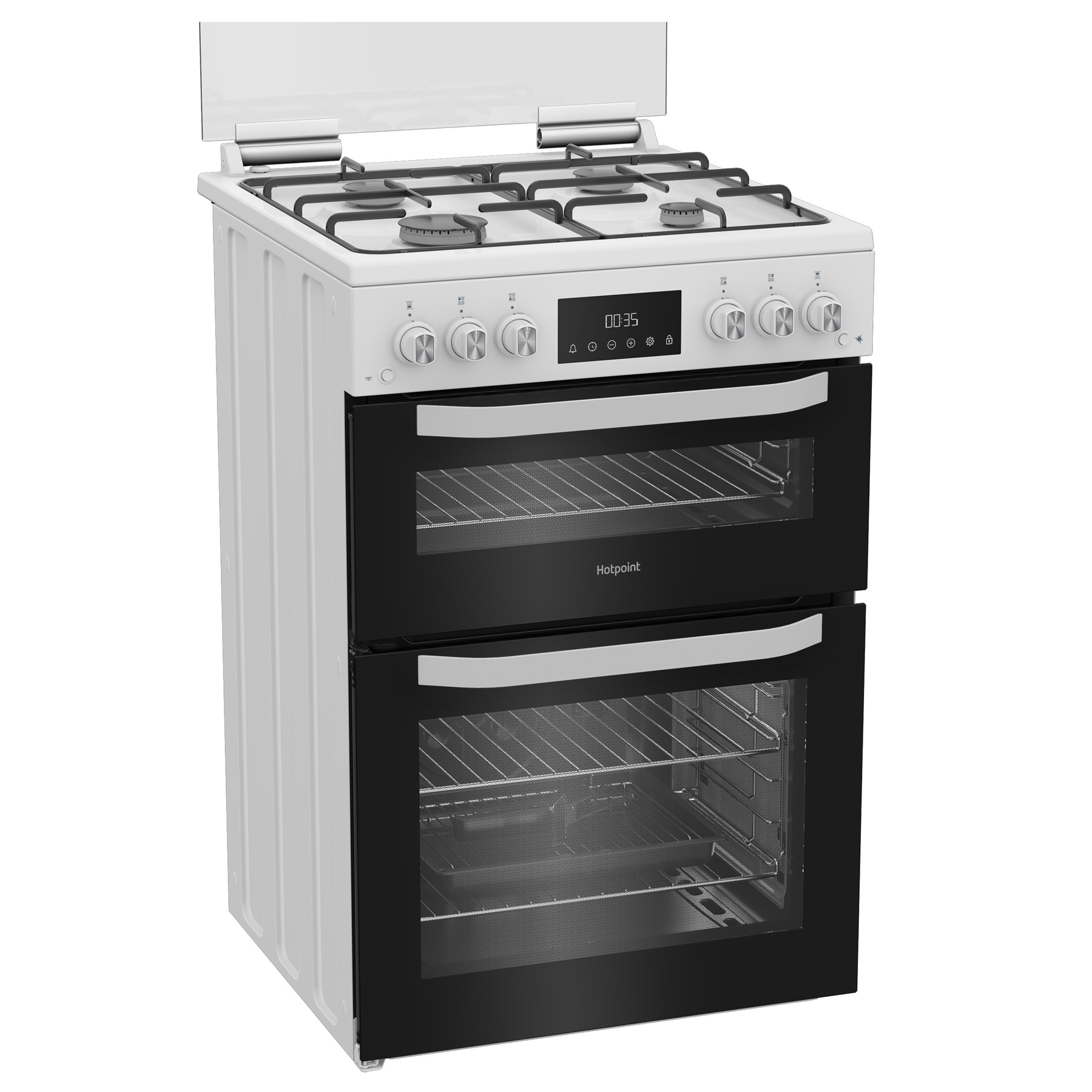 Hotpoint HTG6GDCW 60cm Twin Cavity Gas Cooker with Glass Lid in White, photo 2