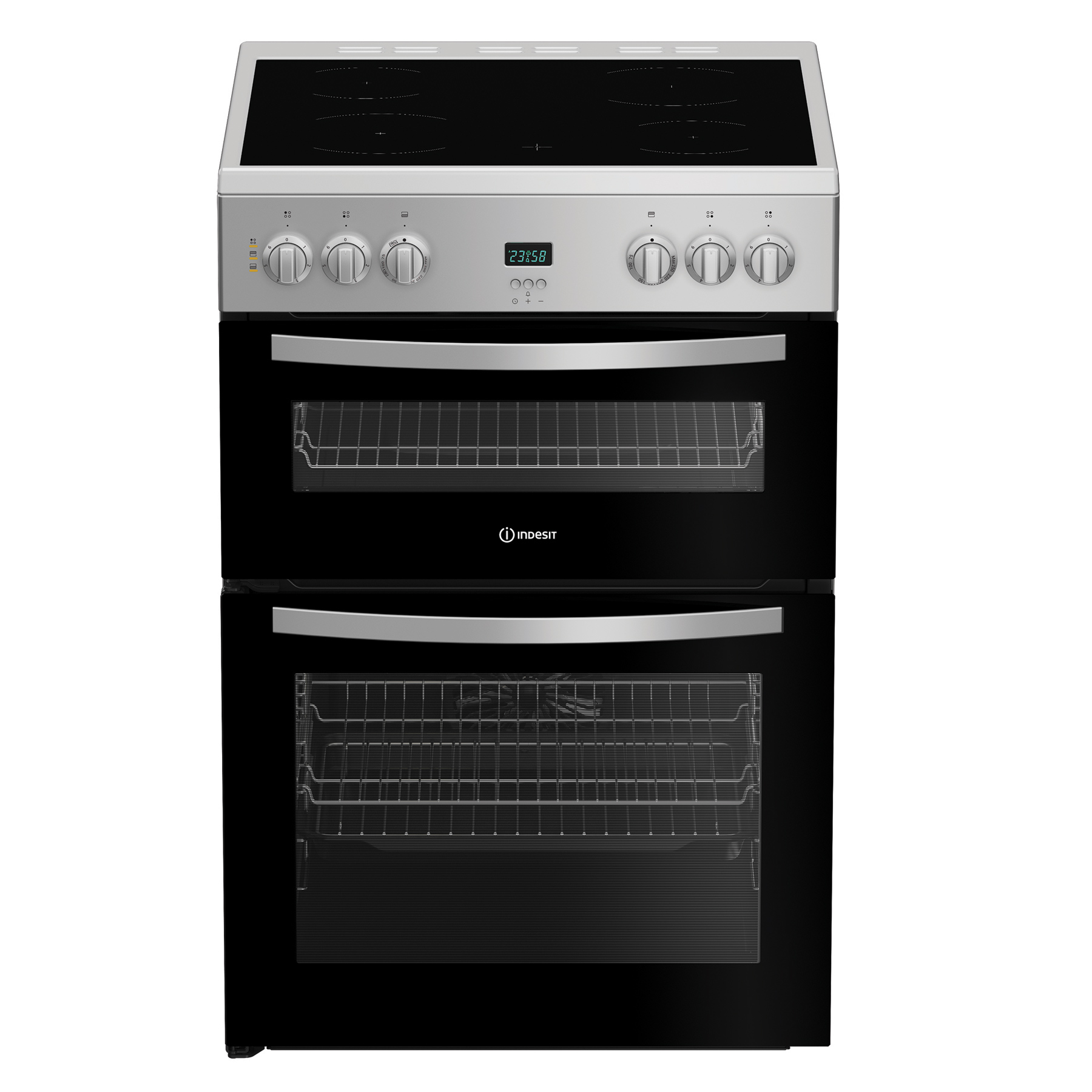 Indesit IDE6VDCS1 60cm Double Oven Electric Cooker in Silver 4 Zone Ce