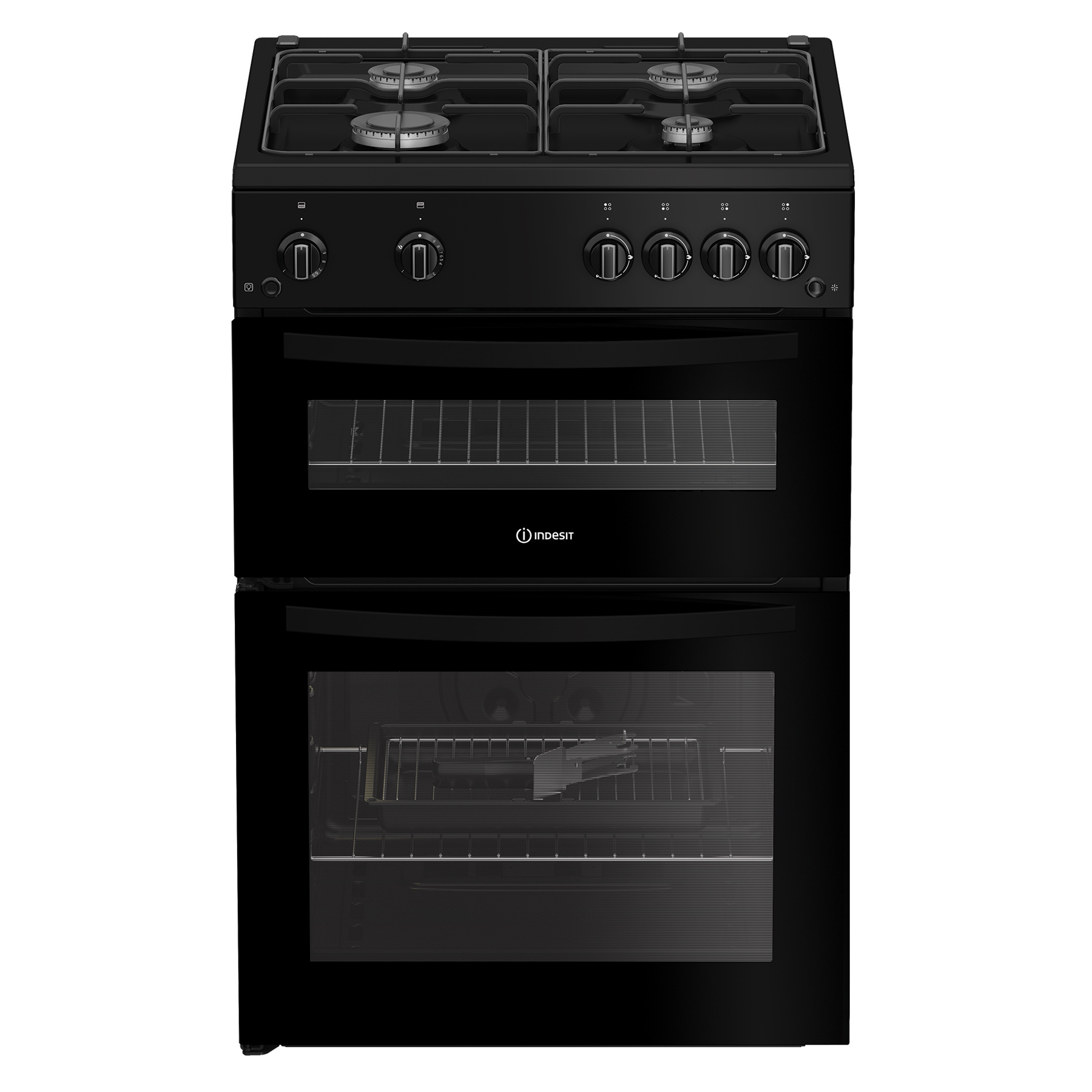 Indesit IDG6GB 60cm Double Oven Gas Cooker in Black 4 Gas Burners 72L