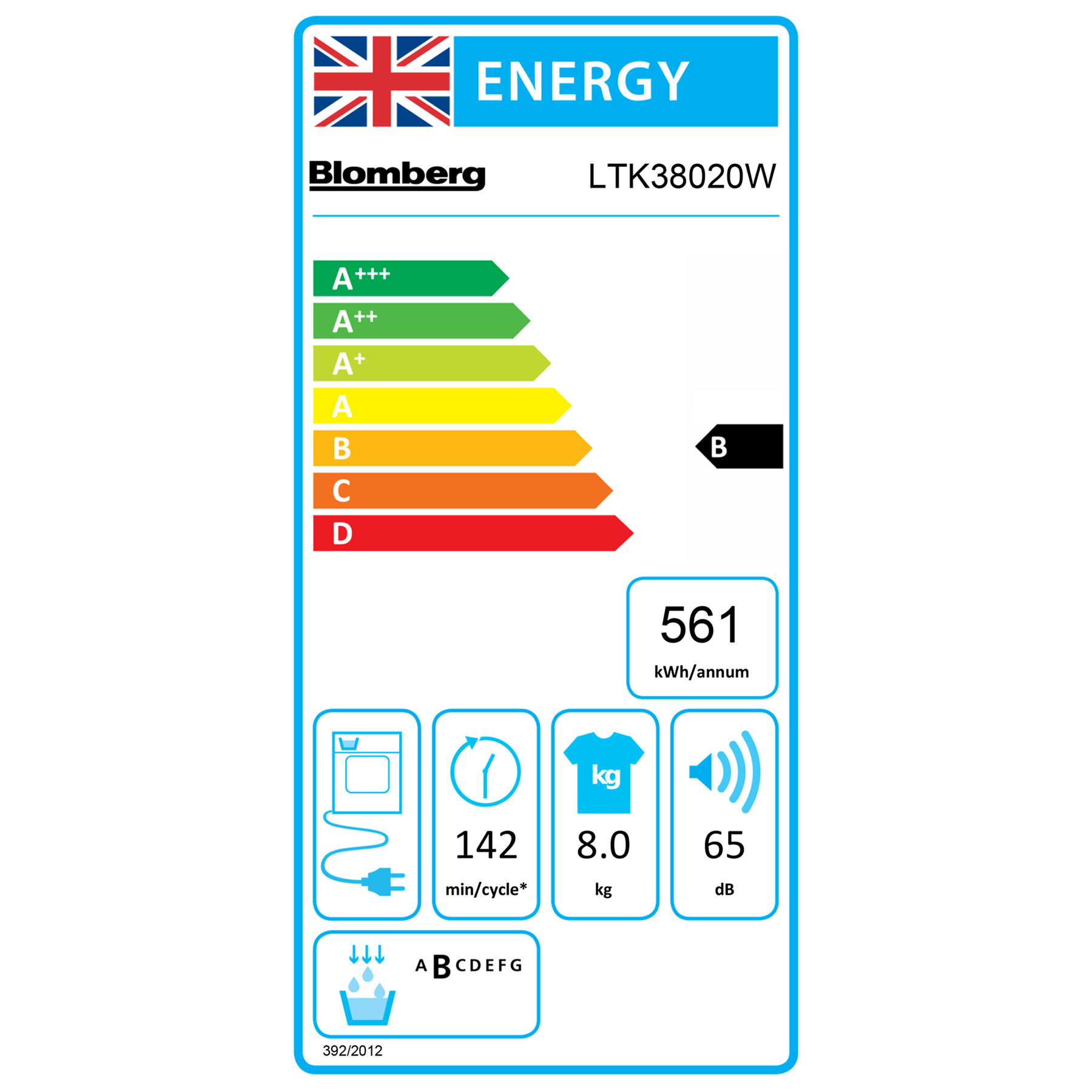Blomberg LTK38020W 8kg Condenser Dryer in White B Rated Sensor, photo 2