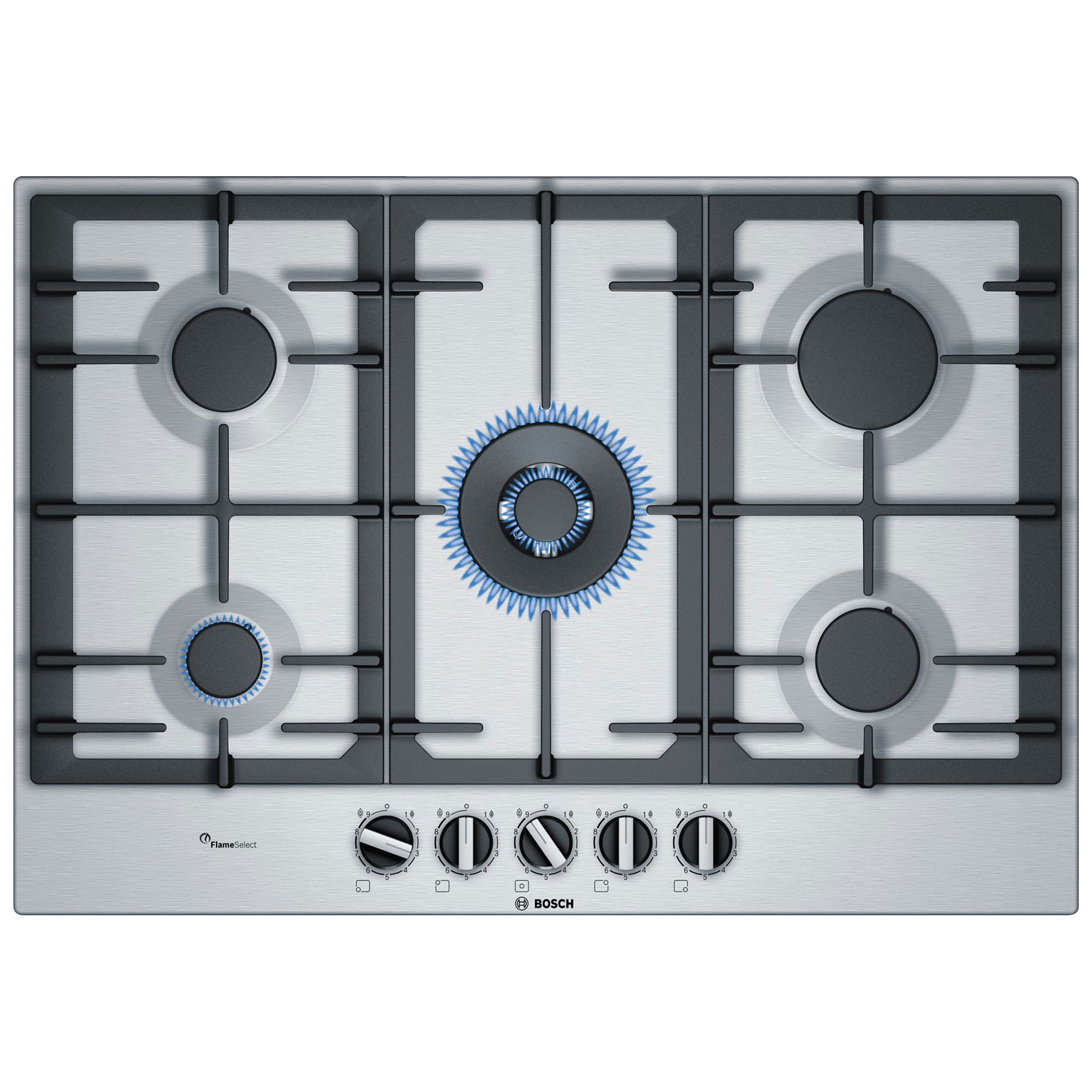 Bosch PCQ7A5B90 Series 6 75cm 5 Burner Gas Hob Brushed Steel Wok Burne